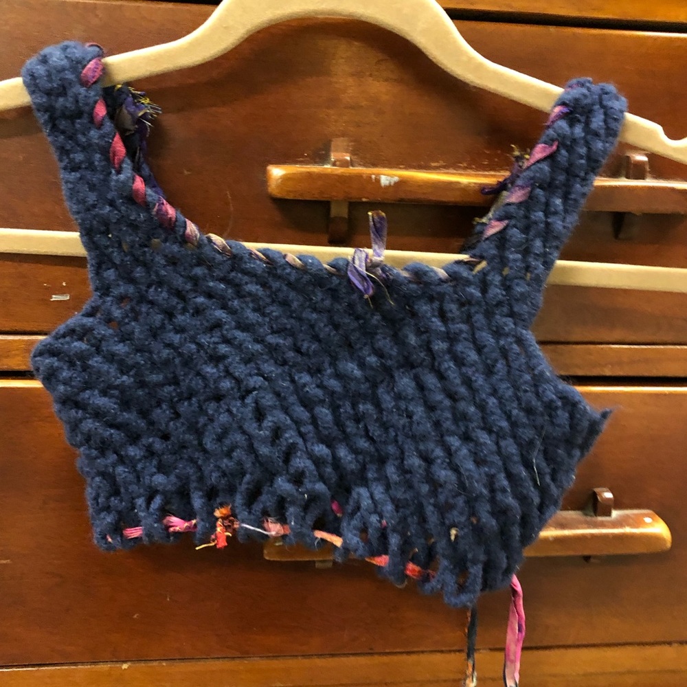 Hand knit, dark blue adjustable crop top